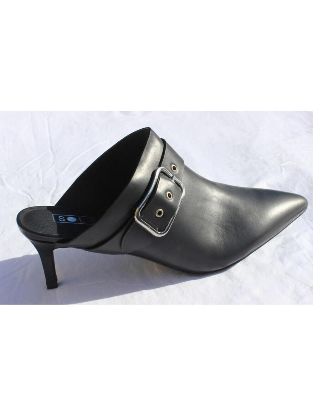 NEW SOL SANA RIVER 2.5" WRAPPED KITTEN HEEL BLACK LEATHER MULES BUCKLE ACCENT
